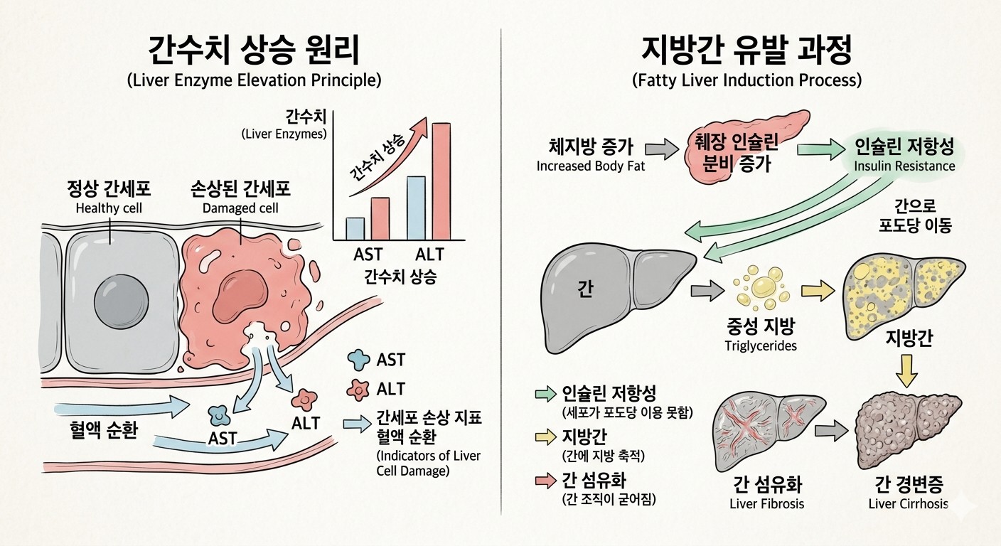 - 간수치 상승 원리: 왼쪽의 인체 몸통도를 보시면, 간 단면도를 통해 정상적인 간세포(그린)와 손상된 간세포(레드)를 확인할 수 있다. 손상된 세포에서 AST와 ALT 효소가 혈액 속(블루 라인)으로 흘러나오는 과정을 확인할 수 있다.
- 지방간 유발 과정: 오른쪽의 전신 측면도를 보시면, 전신 체지방 증가와 췌장(레드)의 인슐린 분비 증가로 인한 '인슐린 저항성'(그린 화살표)이 간에 중성 지방(옐로우 particles)을 쌓이게 하여 '지방간'과 '간 섬유화'로 이어지는 과정을 확인할 수 있다.
이미지출처: Gemini AI 생성