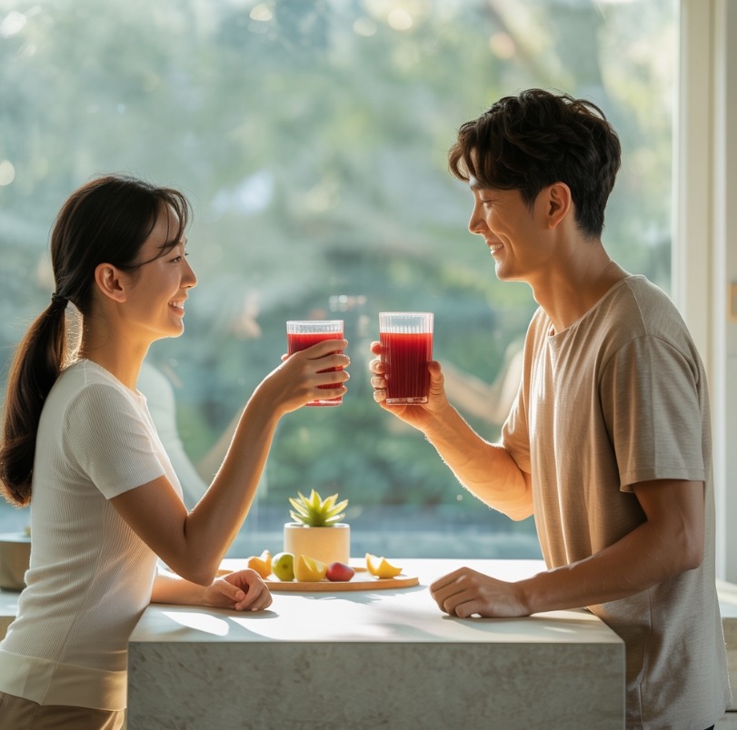 디톡스 주스 마시는 가족 이미지