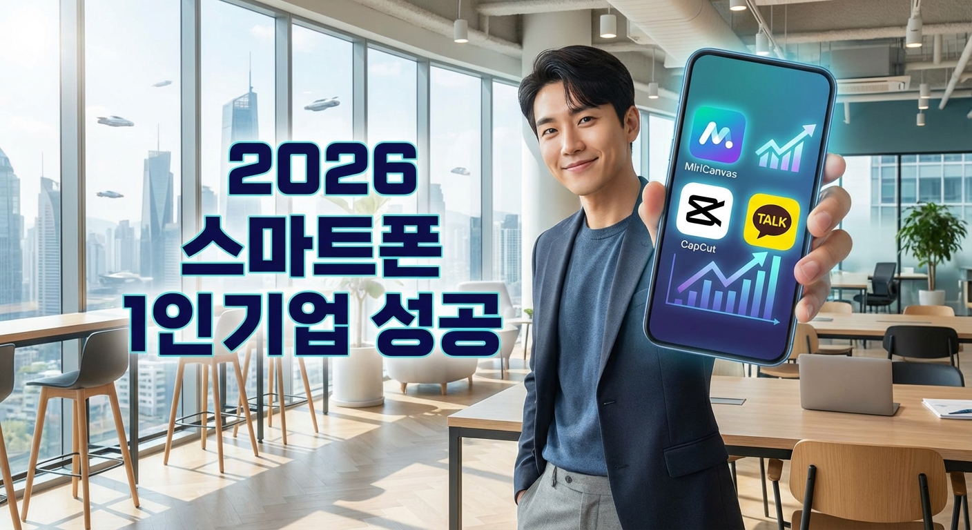 2026년 미래 도시를 배경으로 스마트폰을 들고 있는 성공한 1인 기업가. 스마트폰 화면에는 미리캔버스, CapCut, 카카오톡 채널 아이콘과 함께 상승하는 성공 그래프가 표시되어 있으며, '2026 스마트폰 1인기업 성공'이라는 문구가 강조되어 있습니다.