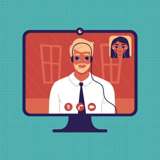 컴퓨터 남성 원어민 강사와 오른쪽 상단 학생과의 영어 화상 수업 사진