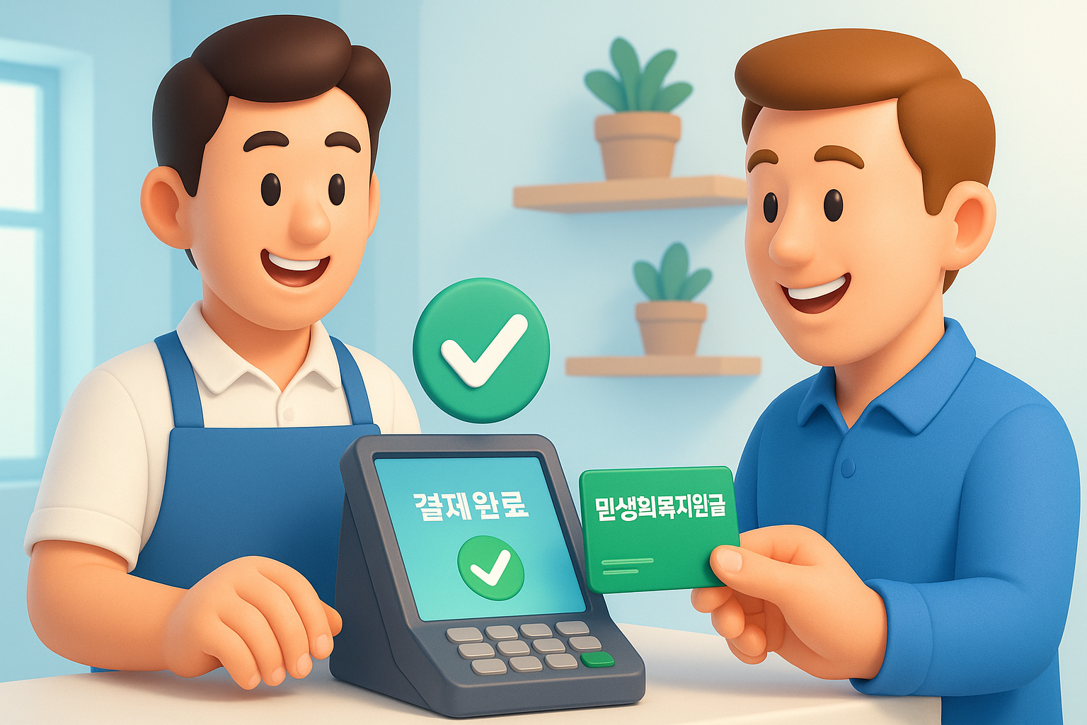 점원이 민생회복지원금 카드를 받아 포스기에서 평소처럼 결제하는 장면