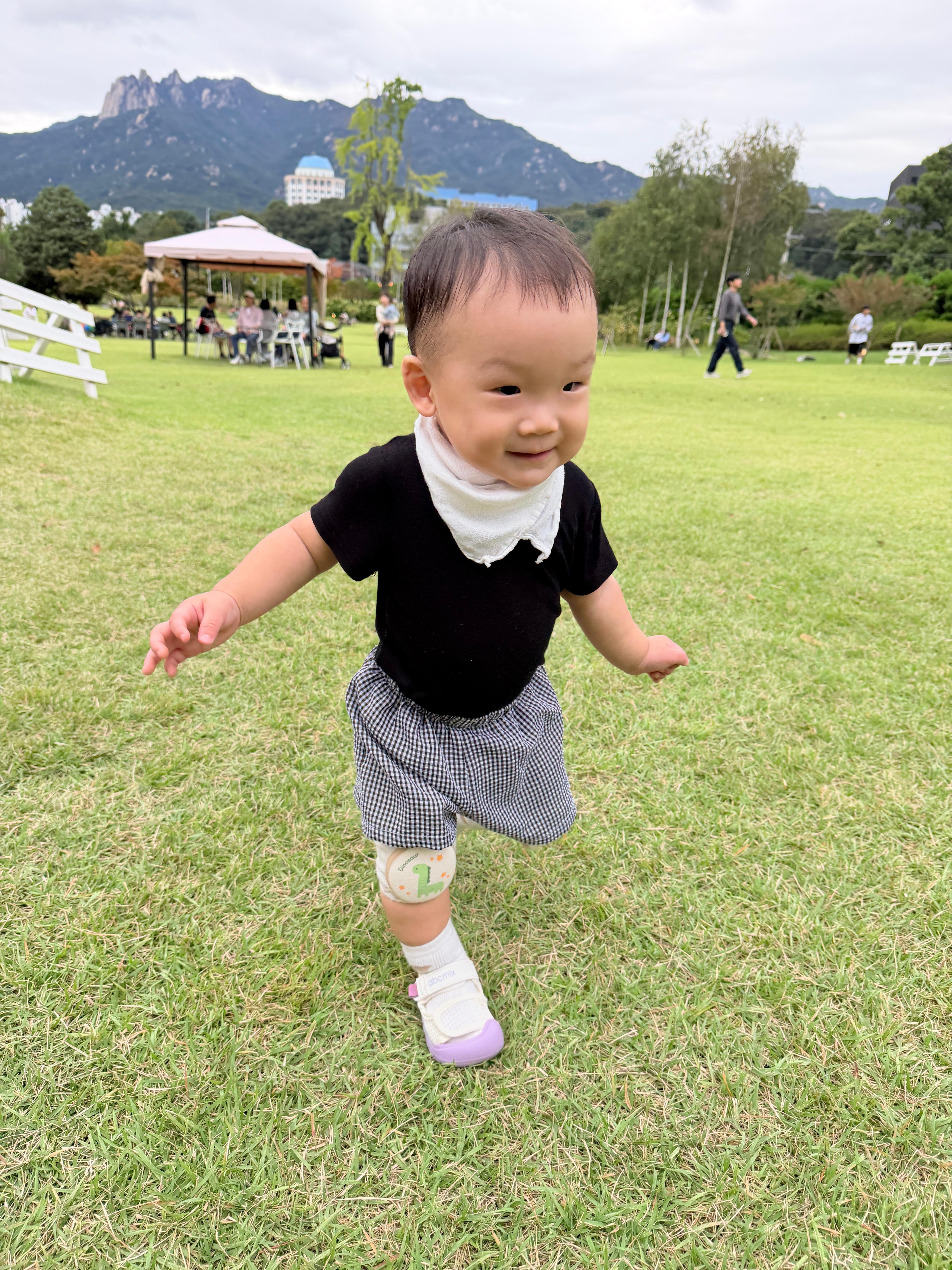 파크프리베 잔디밭 위에서 기분이 매우 좋은 아기 솔블리