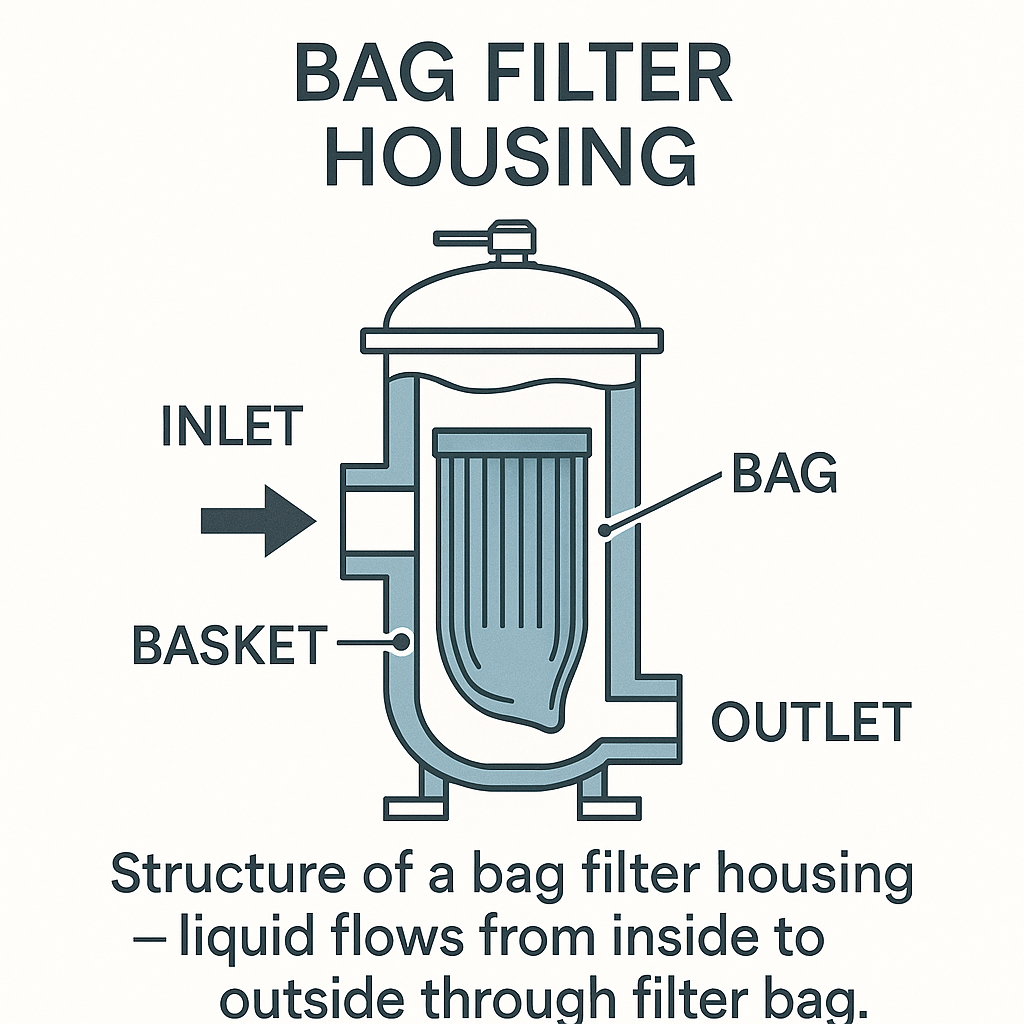 Diagram of an industrial bag filter housing with inlet, basket, and bag placement.