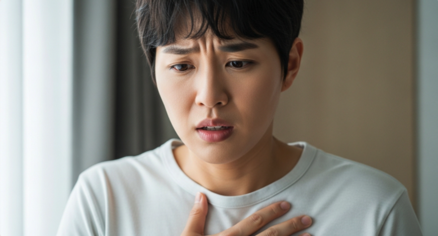 가슴 통증이 근육통인지 고민하는 모습
