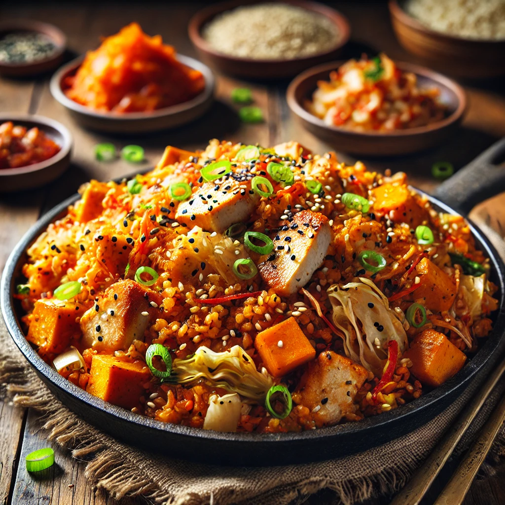 매콤한 닭갈비 볶음밥이 프라이팬에 담겨 있으며, 고구마, 양배추, 떡, 참깨, 대파가 어우러져 풍미 가득한 한 상