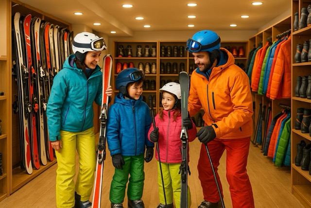 스키장에서 장비를 대여하는 가족 모습