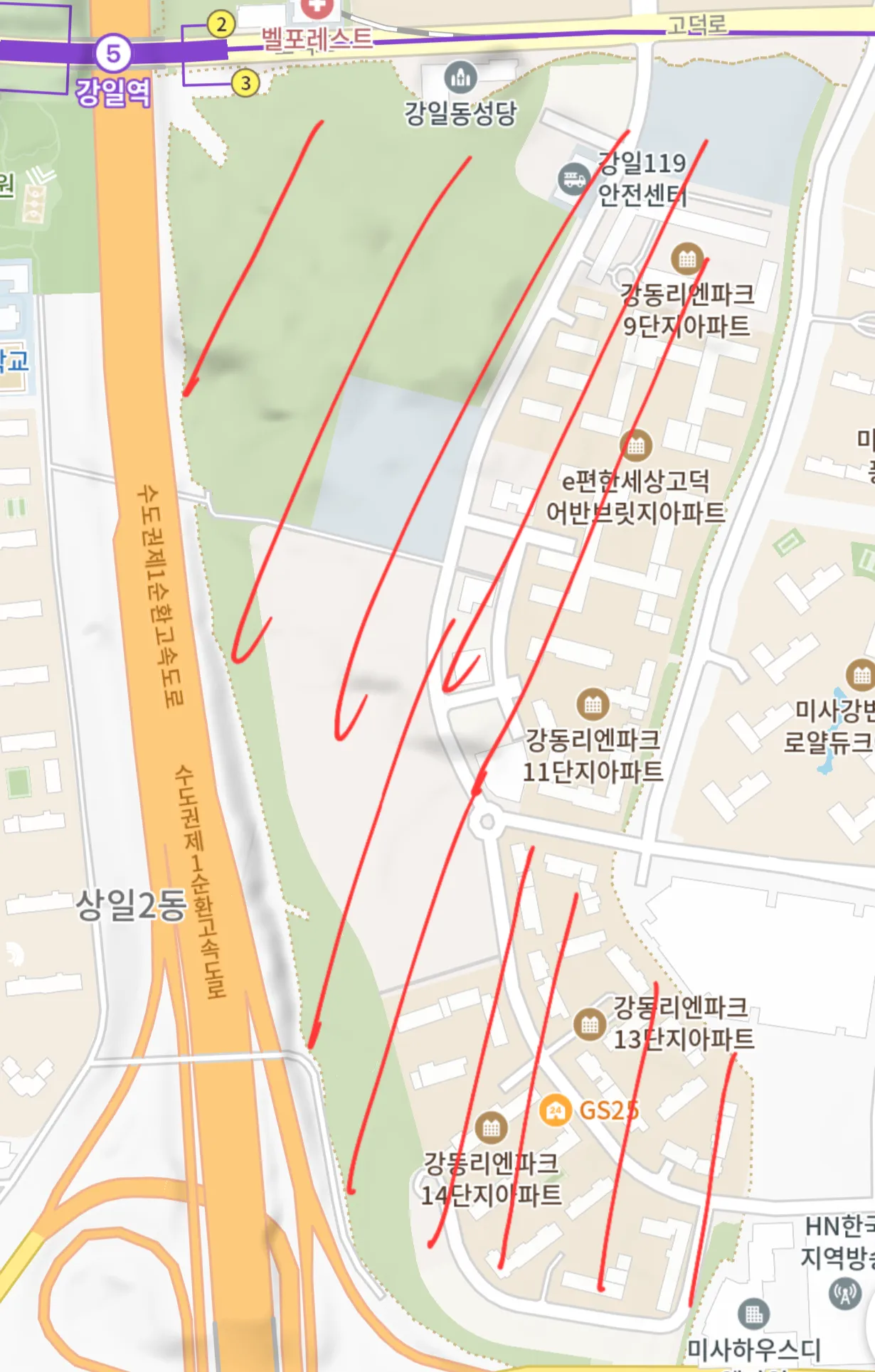 고덕강일 3지구를 지도에 표시한 모습