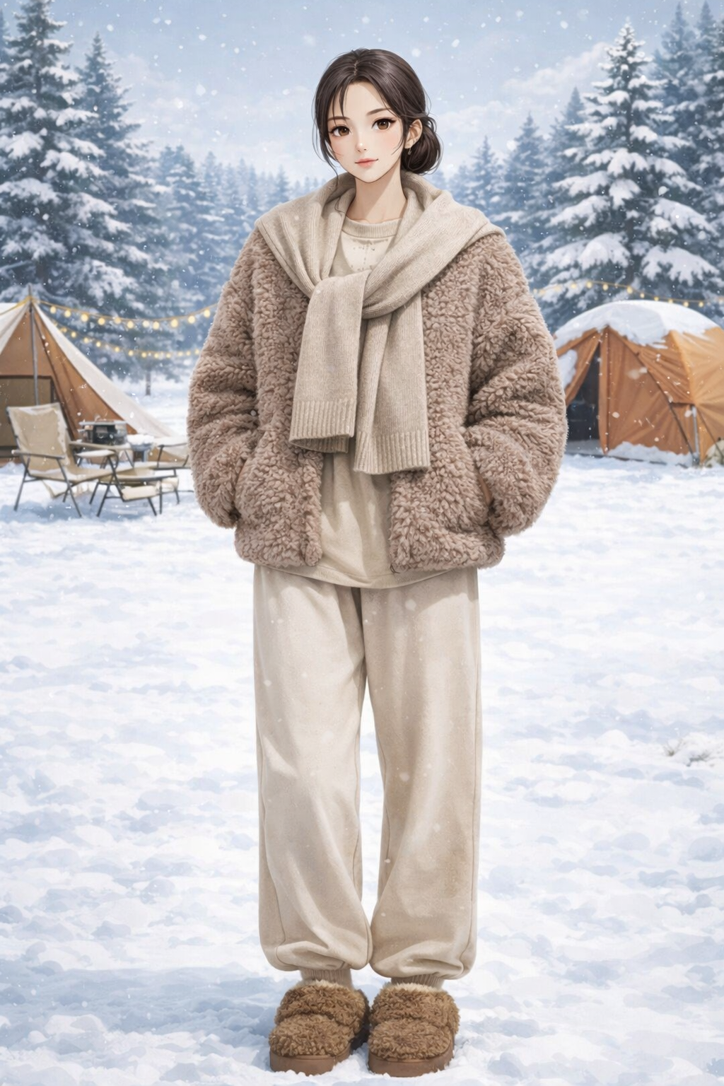 Sherpa top shawl layered outfit UGG style slippers camping K-fashion