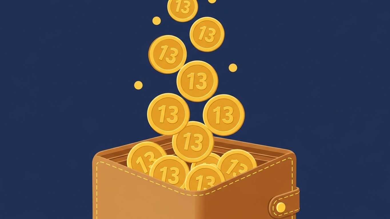 연말정산을 성공적으로 마치고 두둑한 보너스를 지갑에 채우는 성공적인 결과를 표현한 상징 그래픽