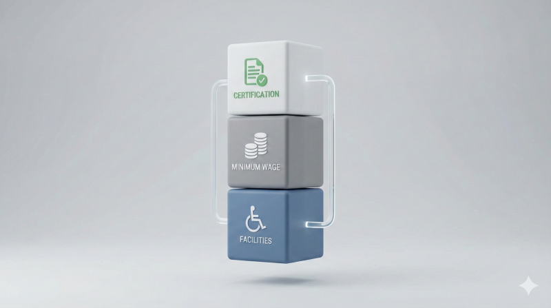 편의시설, 최저임금 준수, 인증 서류를 3단 블록으로 형상화하여 표준사업장 유지 요건을 시각화한 3D 개념도
