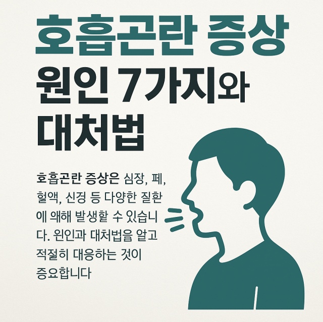 호흡곤란 증상 원인 7가지와 대처법을 정리한 대표 이미지로, 심장, 폐, 혈액, 신경 질환 등 다양한 원인과 응급 대처 방법을 설명하는 건강 정보 시각 자료