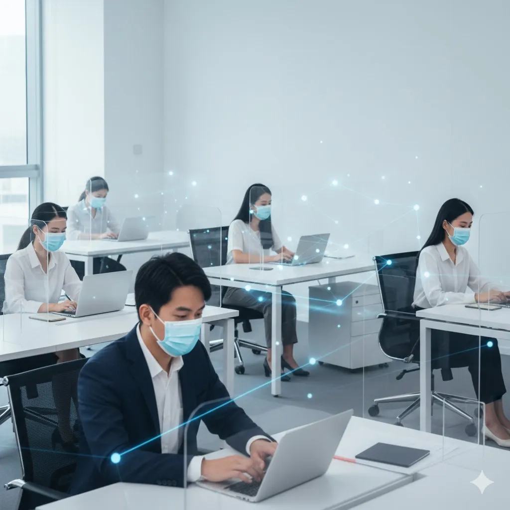 여러 사람이 모인 사무실&amp;#44; 교실&amp;#44; 또는 대중교통 내부를 배경으로&amp;#44; 마스크를 착용하고 서로 적당한 거리를 유지하는 사람들의 모습이 담깁니다. 사람과 사람 사이에는 미묘하게 분리된 공간을 나타내는 투명한 칸막이나 빛의 경계를 표현할 수 있습니다. 각자의 노력이 모여 독감 확산을 막는다는 메시지를 전달합니다. 