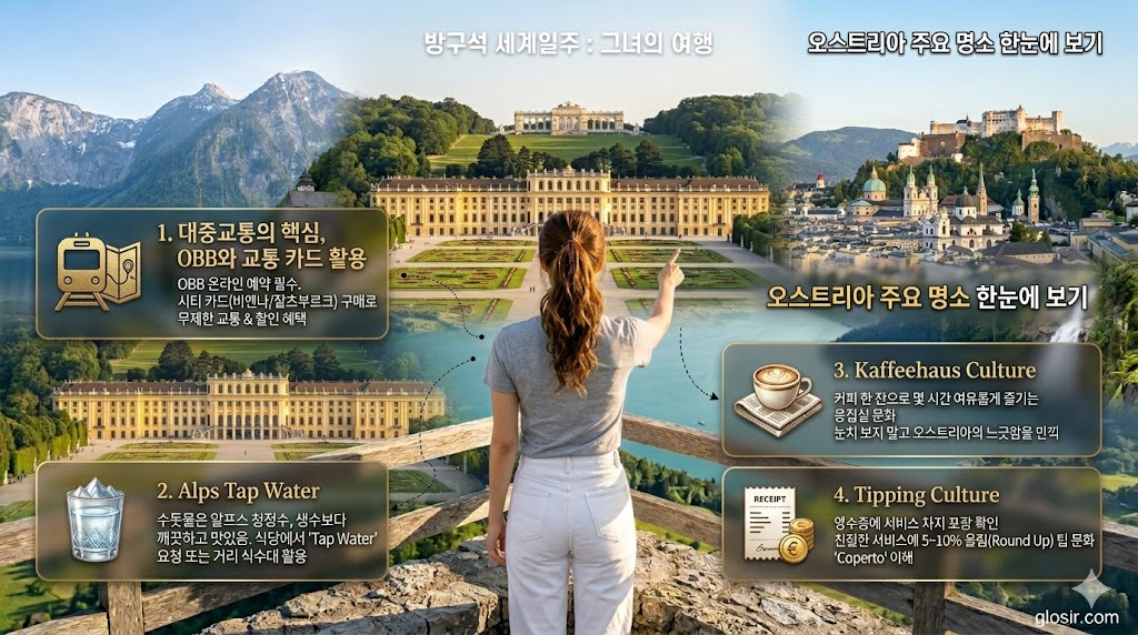 웅장한 오스트리아 알프스 쇤브룬 궁전 배경으로 그레이 반팔티, 흰색 청바지를 입고 뒷모습으로 서 있는 한국 여성과 4가지 핵심 여행 꿀팁 정보가 담긴$$방구석 세계일주 그녀의여행$$glosir.com 인포그래픽 배너