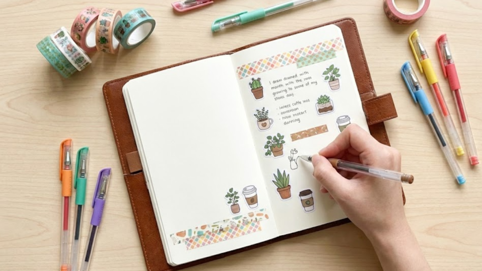 다양한 펜과 마스킹 테이프로 꾸며진 다이어리 펼침면