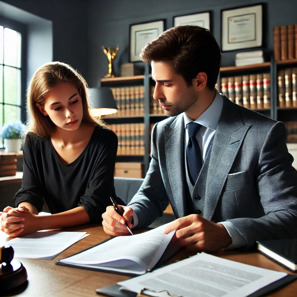 유류분 반환 청구 소송을 위해 서류를 준비하는 변호사와 의뢰인, 집중하는 표정