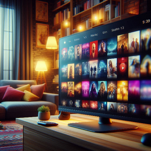 거실의 스마트 TV에서 다양한 영화와 드라마 콘텐츠를 탐색하는 장면