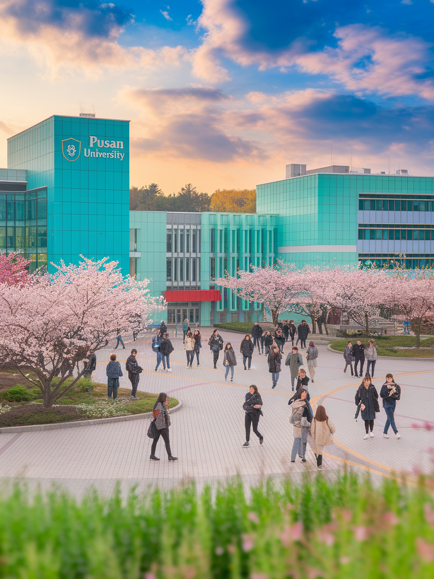 대학교 캠퍼스의 건물과 건물위로 석양이 보이고, 교정에는 벗꽃이 만개한 캠퍼스 사이로 젊은 남녀 대학생들이 책과 가방을 매고 걸어가고 있는 이미지