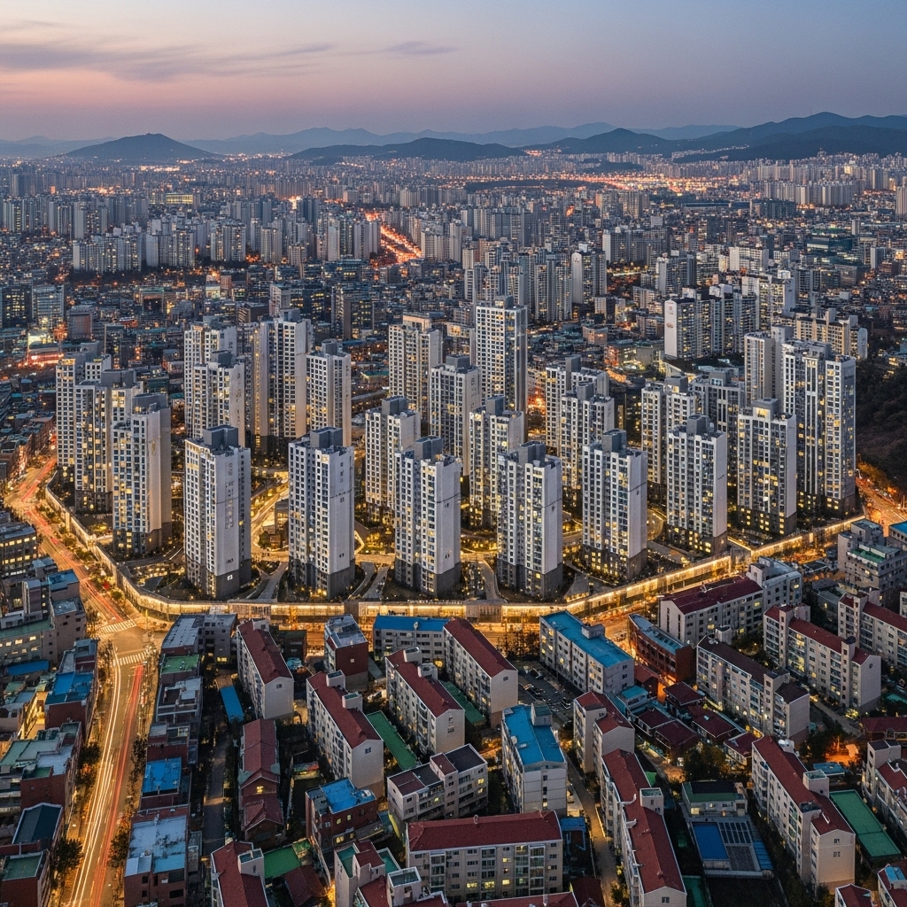 서울 및 수도권 신축 아파트와 기존 주거 단지가 어우러진 조감도, 부동산 공급과 수요의 복합성을 상징.3
