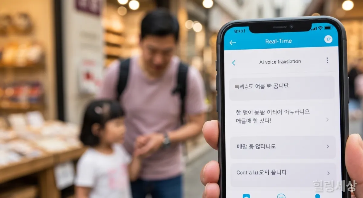 스마트폰 AI 번역기 앱으로 실시간 음성 번역을 활용하여 현지인과 대화하는 모습