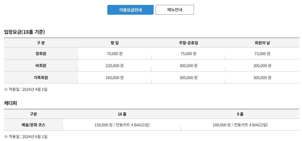 뉴서울CC 이용요금