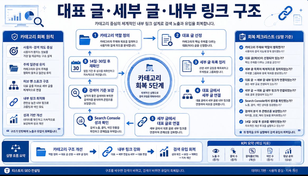 검색 유입이 적은 카테고리를 역할 정의 대표 글 선정 세부 글 정리 내부 링크 연결 구글 서치 콘솔 성과 확인으로 회복하는 5단계 인포그래픽