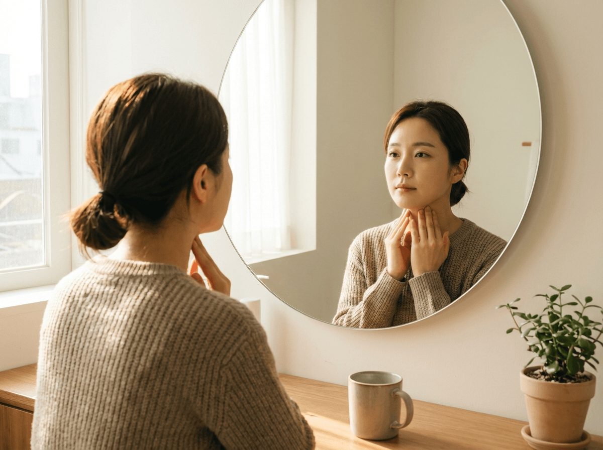 거울 앞에서 목 앞쪽 갑상선 부위를 손으로 만져보는 셀프 점검 장면