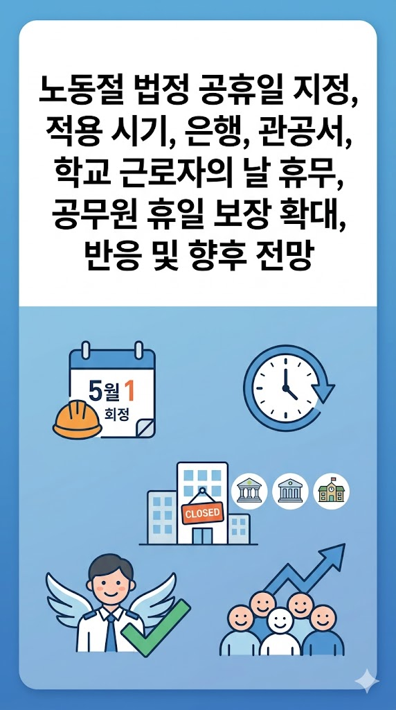 노동절 법정 공휴일 지정, 적용 시기, 은행, 관공서, 학교 근로자의 날 휴무, 공무원 휴일 보장 확대, 반응 및 향후 전망