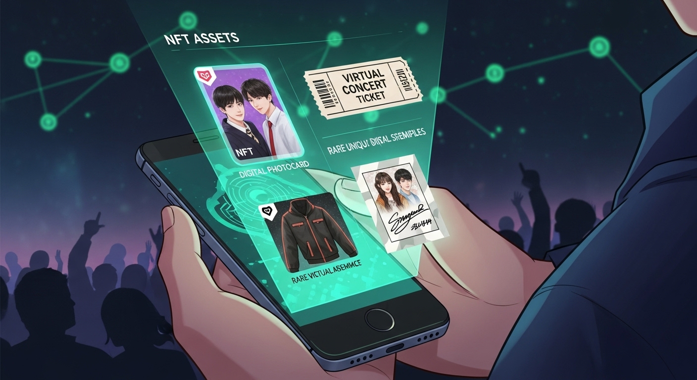 스마트폰으로 K-POP 아이돌 NFT 포토카드와 가상 콘서트 티켓을 확인하는 팬의 모습.