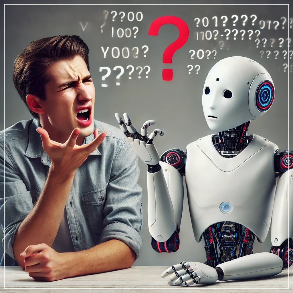 AI 휴머노이드 로봇과 혼란스러워하는 인간의 상호작용 장면