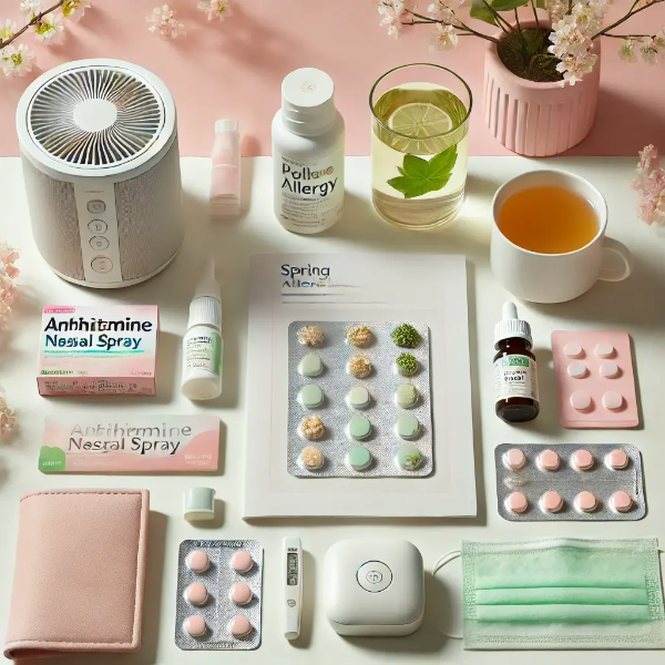 하얀 배경 위에 정리된 알레르기 완화용 항히스타민제, 코 스프레이, 공기청정기 리모컨, 허브차, 꽃가루 예방 브로셔의 전문 스튜디오 촬영 사진