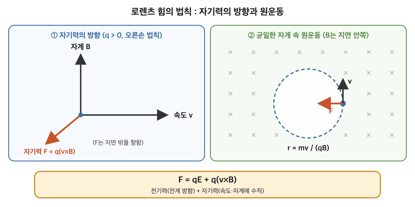 로렌츠 힘의 법칙에서 자기력의 방향과 균일한 자계 속 원운동을 나타낸 그림