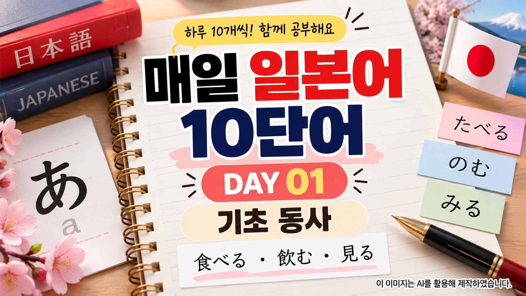 추천 대체 텍스트는:
매일 일본어 10단어 1일차 기초 동사 食べる, 飲む, 見る 학습 이미지
