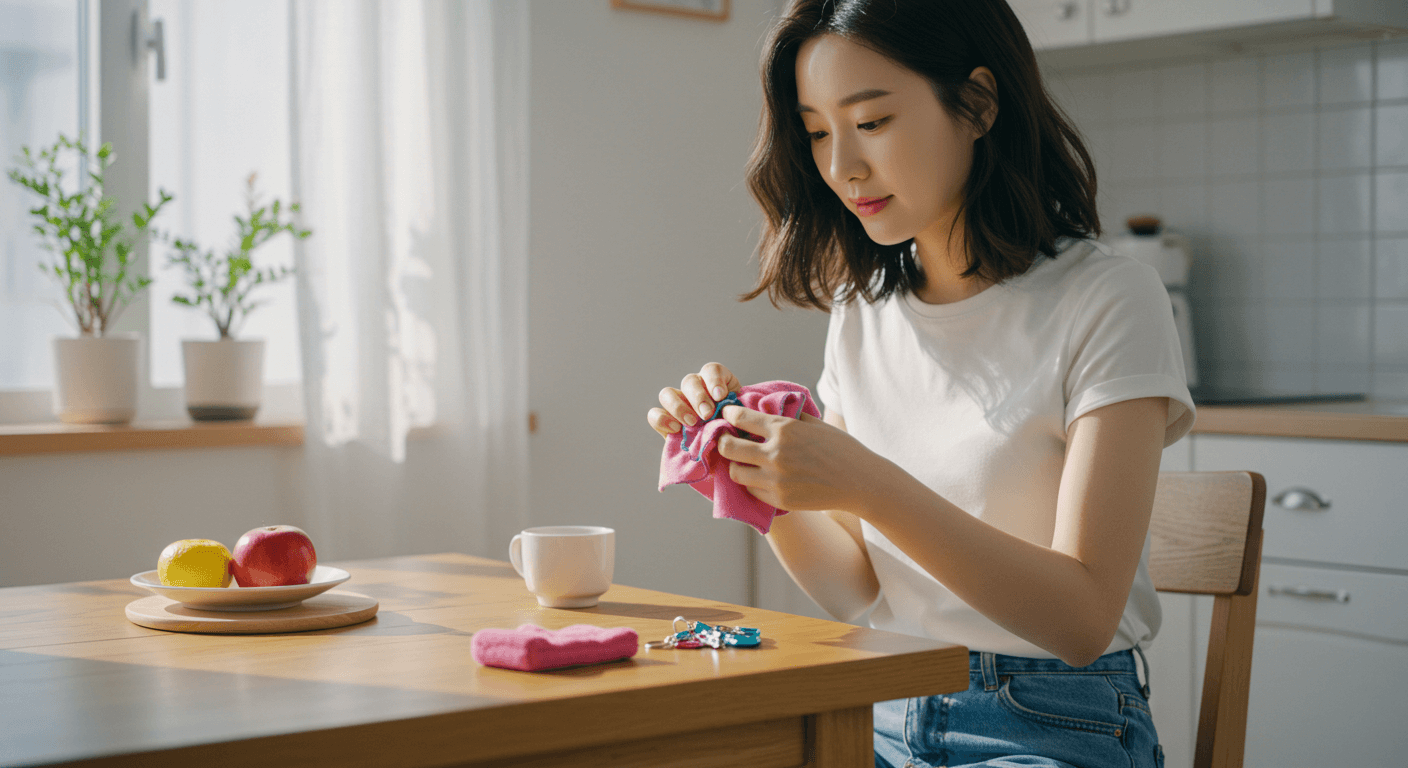 여성이 키링을 관리하며 부드럽게 닦는 장면 2