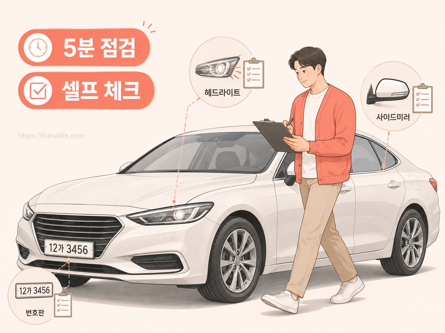 운전자가 직접 차량 주위를 돌며 전조등, 제동등 상태와 번호판 식별 가능 여부를 꼼꼼하게 대조하는 셀프 점검 일러스트