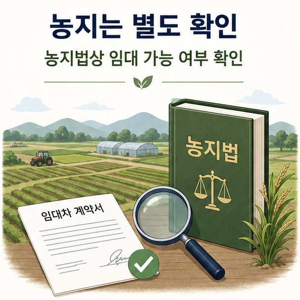 농지를 임대할 때 일반 토지와 달리 농지법상 임대 가능 여부를 먼저 확인해야 함을 안내한 이미지