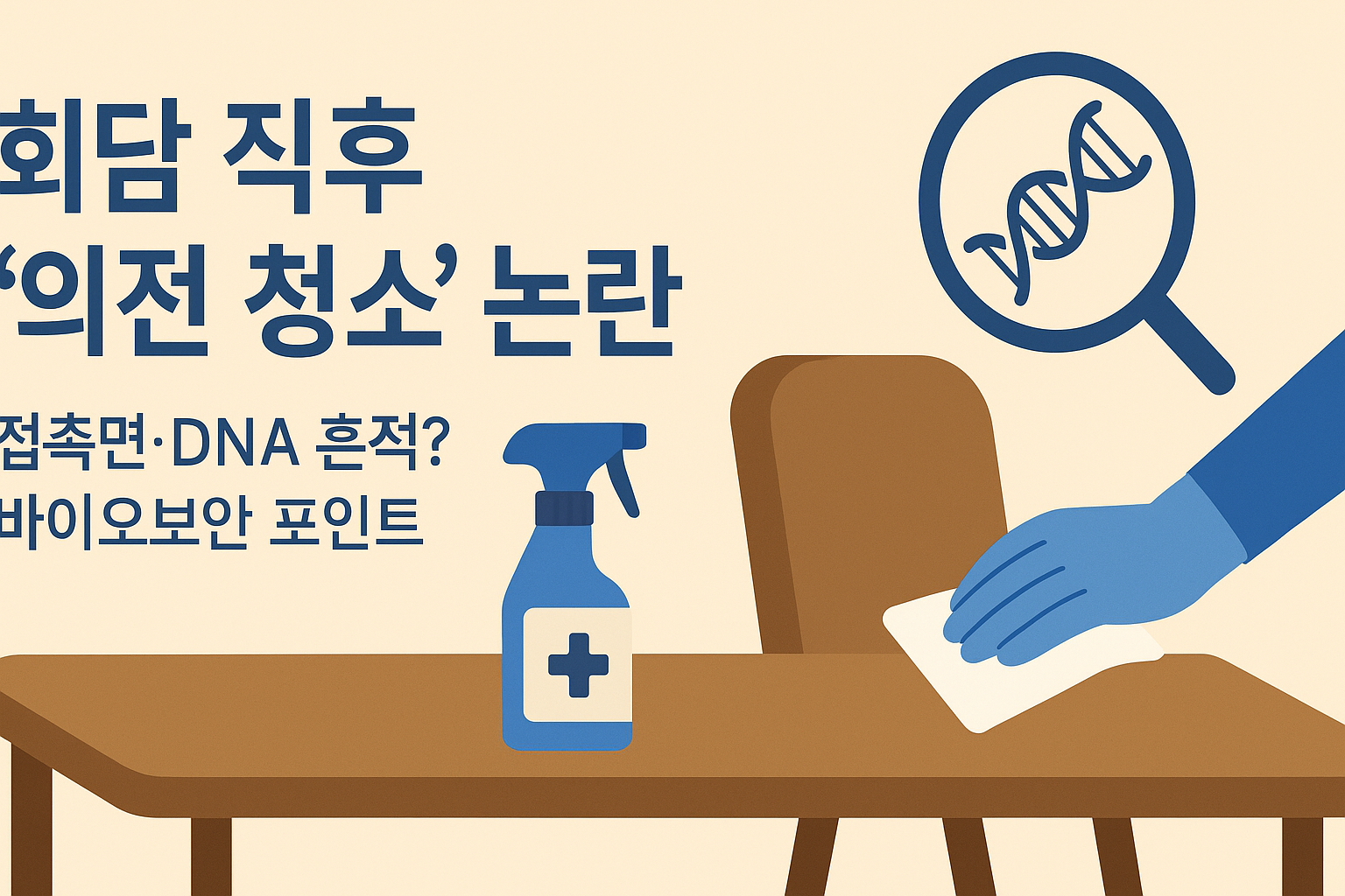 회담 직후 의전팀이 의자와 테이블 접촉면을 닦는 모습을 상징한 일러스트로, 장갑 낀 손과 소독 스프레이, DNA 아이콘이 포함된 바이오보안 주제의 한국어 뉴스 썸네일