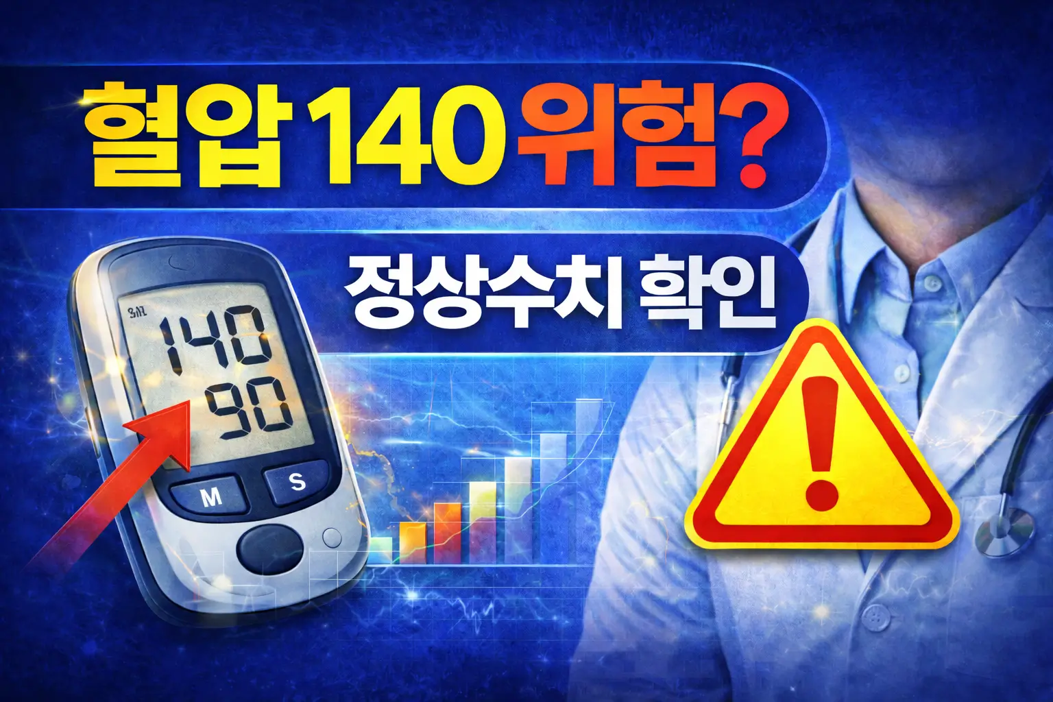 혈압 140이면 위험? 정상수치 확인이라는 썸네일, 남자의사가 오른편에 있고 왼쪽에는 혈압측정기에 140-90이란 숫자가 나와있으며 글자 밑에 경고마크가 떠 있는 배경사진