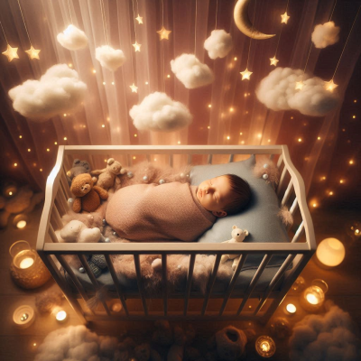 아기 침대에 누워 있는 아기가 구름과 별들이 떠있는 하늘을 배경으로 편안하게 자고 있다.