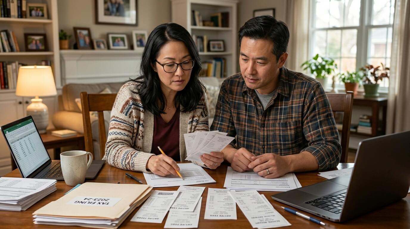 초등 예체능 학원비 교육비 세액공제를 위해노트북으로 영수증과 결제 내역을 확인하는 부모님