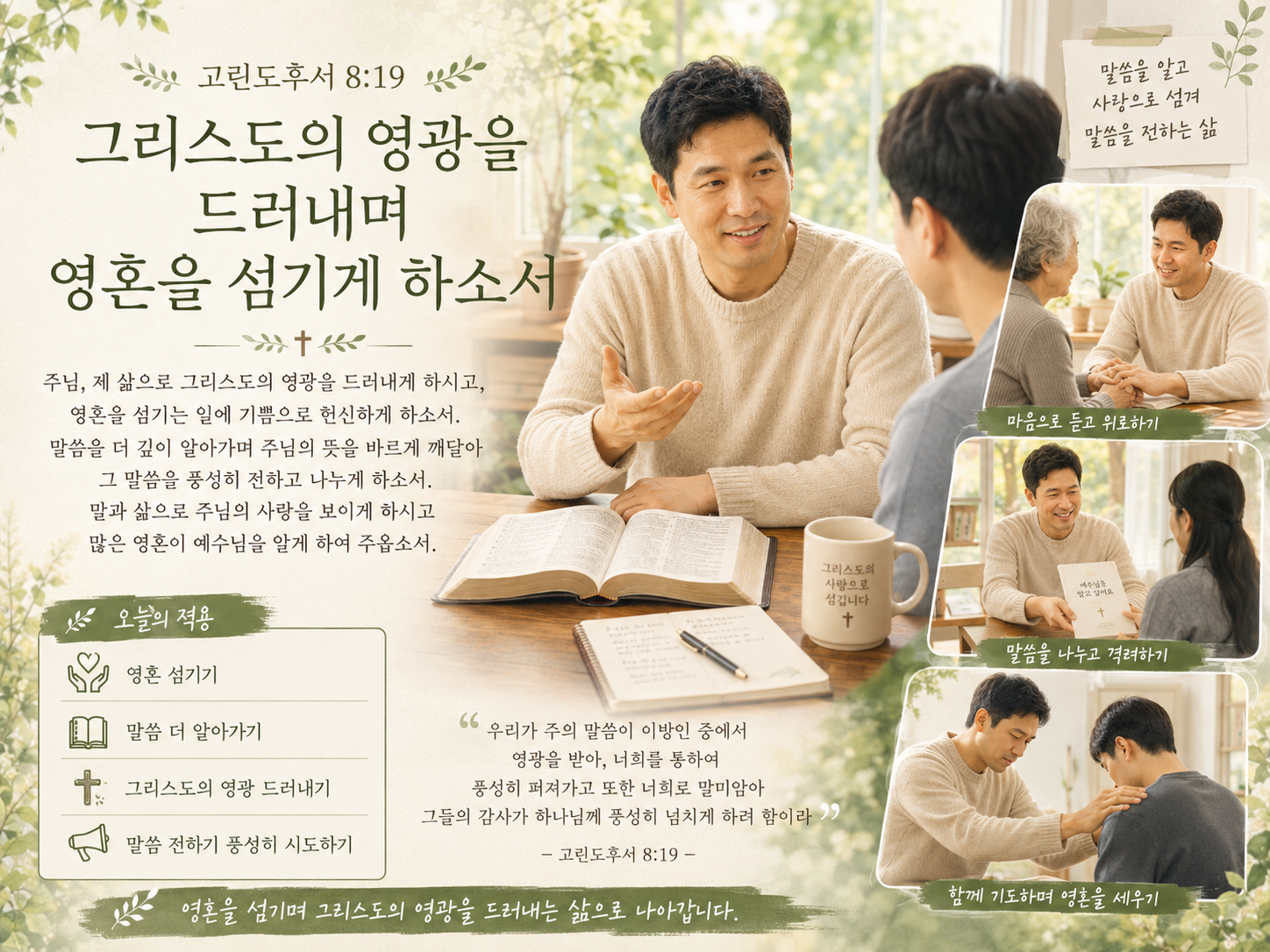 고후 8:19 말씀에서 그리스도의 영광을 드러내는 자가 되기 위해 영혼들을 섬기는 삶을 살아가며 그리스도의 영광을 전하기 위한 말씀을 잘 아는 것에서 자라기 위해 그리스도의 말씀을 전하는 시도를 풍성히 하는 모습입니다.