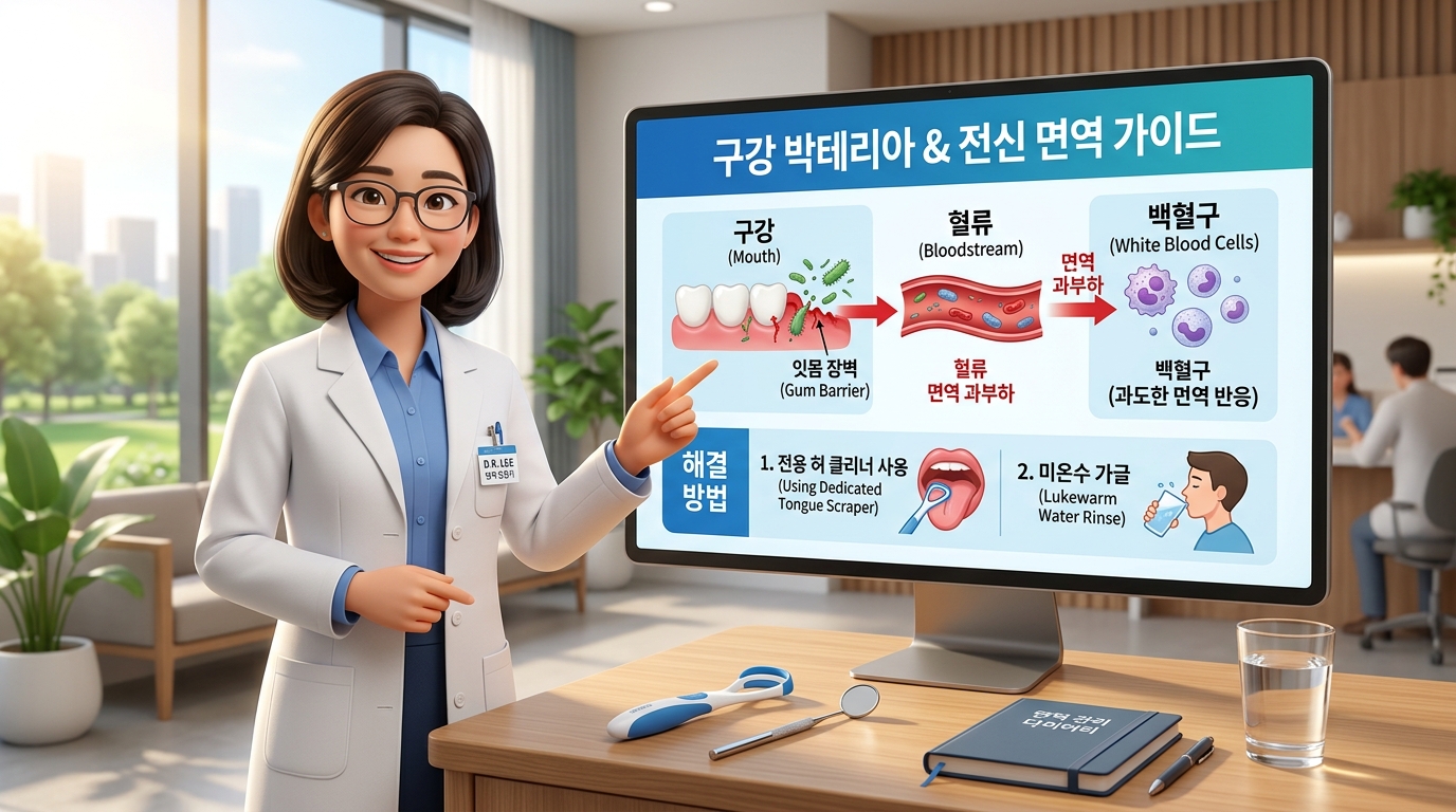 청정하고 신뢰감 높은 대학병원 면역내과 진료실에서 보건 의학 전문가 선생님이 대형 인포그래픽 모니터를 가리키며 입안 유해 박테리아 방치가 유발하는 혈류 내 독소 유입 및 전신 백혈구 방어력 고갈 생리학적 메커니즘을 조목조목 설명하고, 면역력과 구강 내 세균 수칙과 입안 세균이 몸속으로 침투할 때 발생하는 신체적 변화에 대한 정답으로 올바른 혀 클리너 활용 및 수분 코팅 행동 수칙을 환자에게 다정하게 안내해 주는 3D 일러스트 이미지.