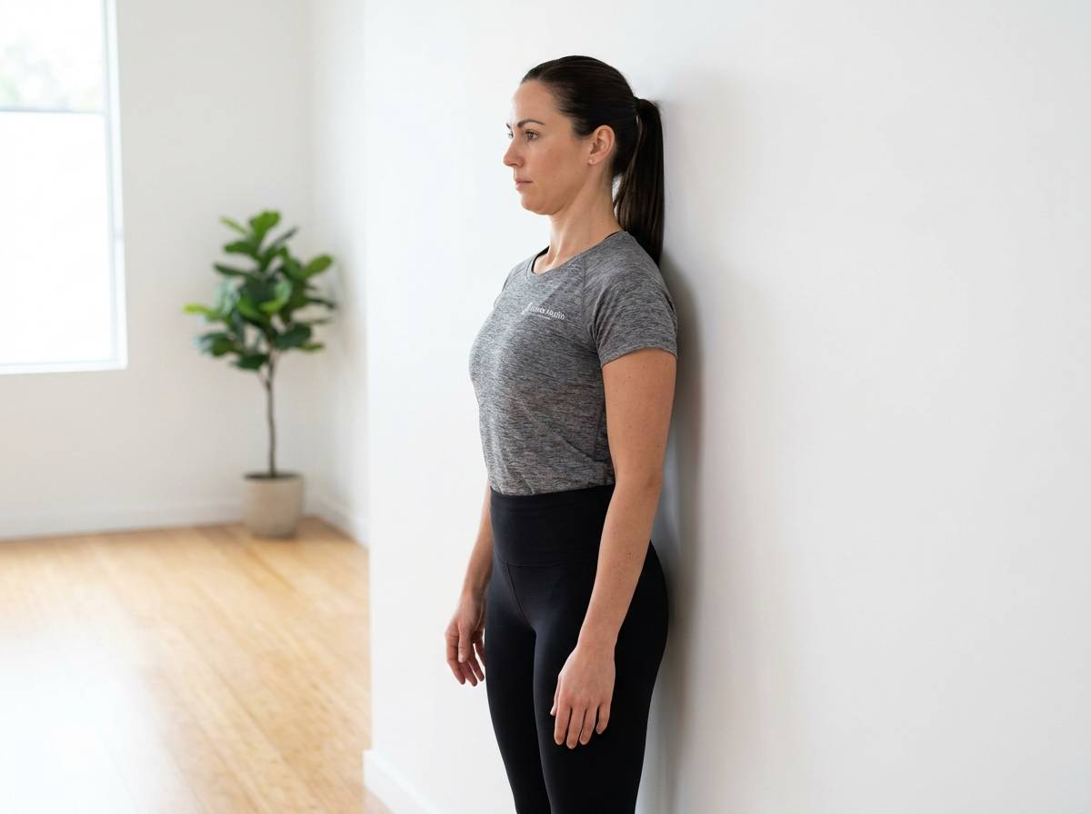 벽에 등을 기대고 턱을 당기며 목 뒷근육을 신장시키는 친절하고 전문적인 실사 이미지