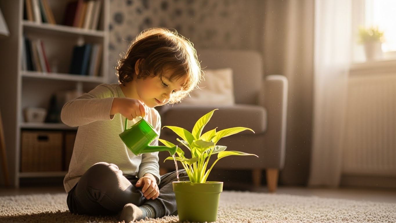 거실에서 아이가 화분에 조심스럽게 물을 주며 식물을 돌보는 따뜻한 장면. 자연광이 들어오는 공간에서 성장과 돌봄의 분위기가 느껴지는 모습.