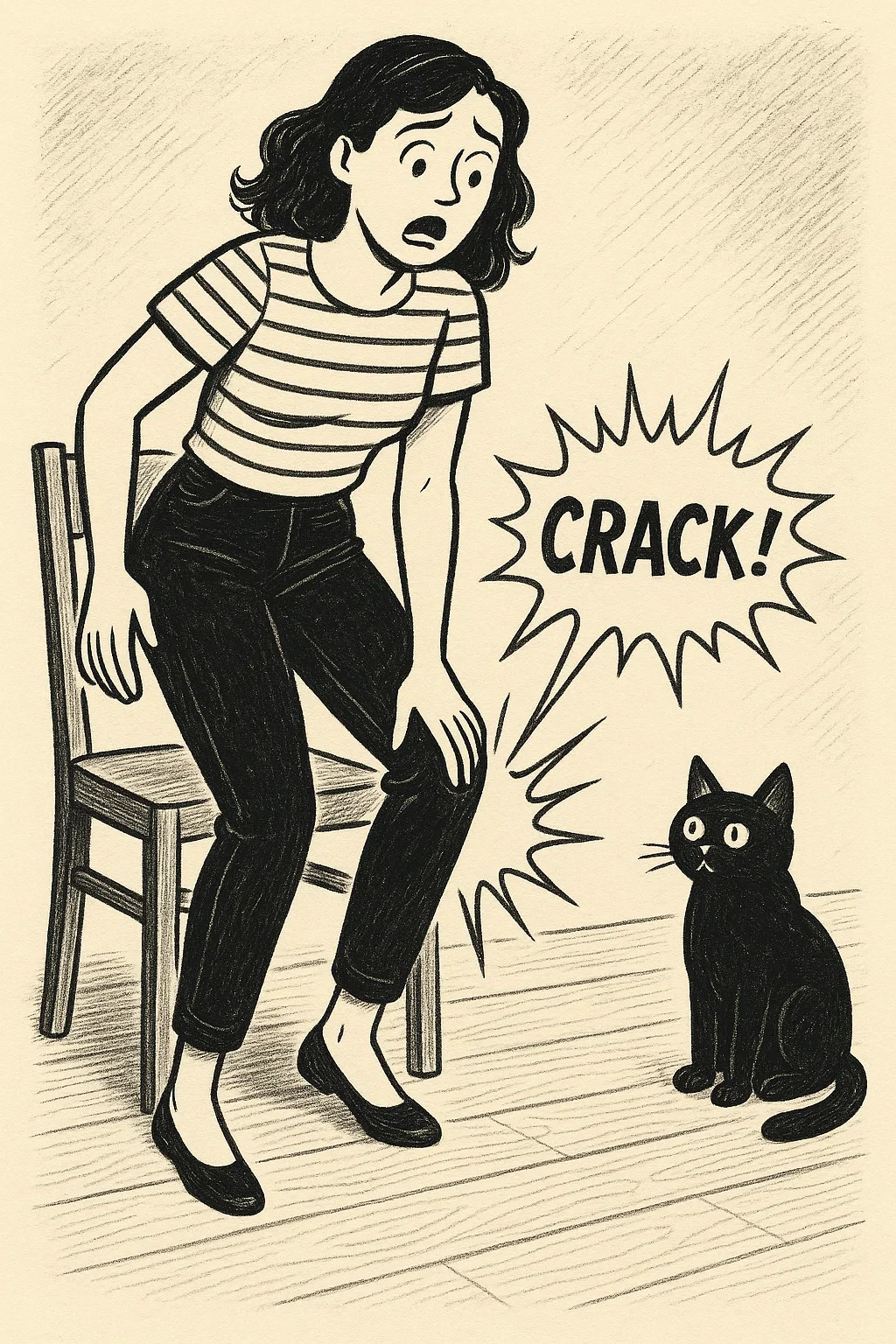 무릎에서 나는 뚝 소리에 놀라는 여성과 고양이