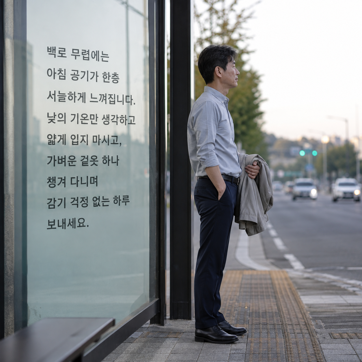 서늘한 백로 아침에 가벼운 겉옷을 챙기라는 가을 건강 인사말 이미지