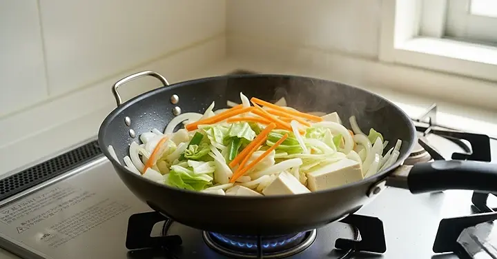 프라이팬 하나로 채소와 단백질을 중불에서 볶아 향을 내는 과정