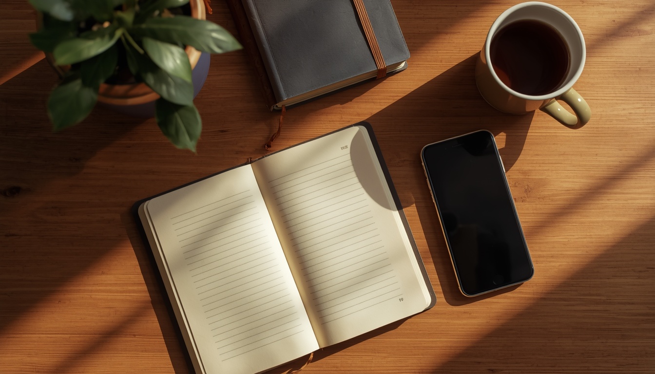 An organized, peaceful desk setup representing digital wellbeing and mental clarity.