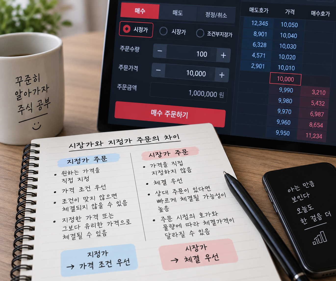 시장가와 지정가 주문의 차이를 정리하는 모습