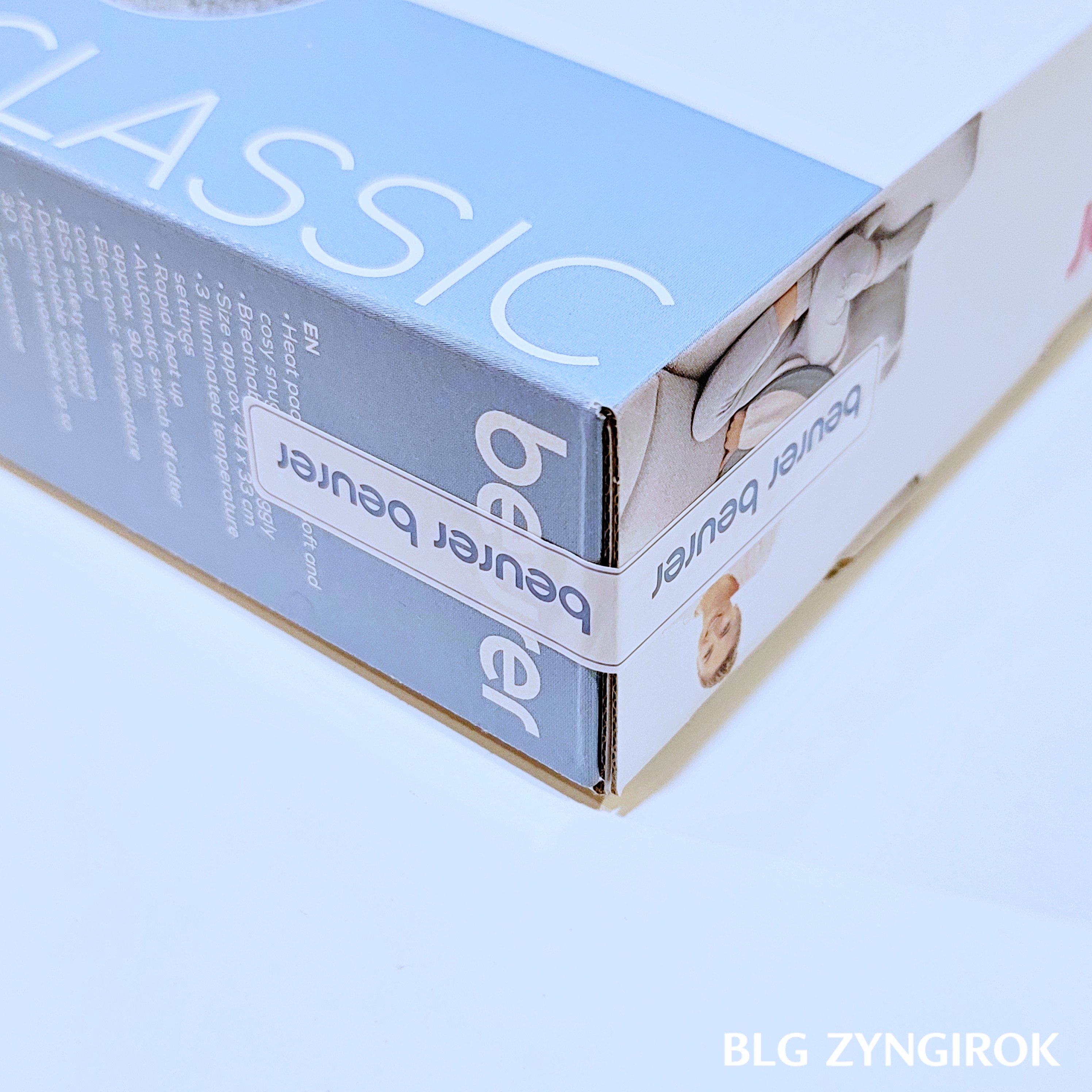 독일 Beurer 히트패드 씰이 상자에 붙어 있는 모습이다.