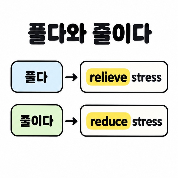 풀다는 relieve stress로, 줄이다는 reduce stress로 연결하고 두 영어 동사를 노란색으로 강조한 대응 도식